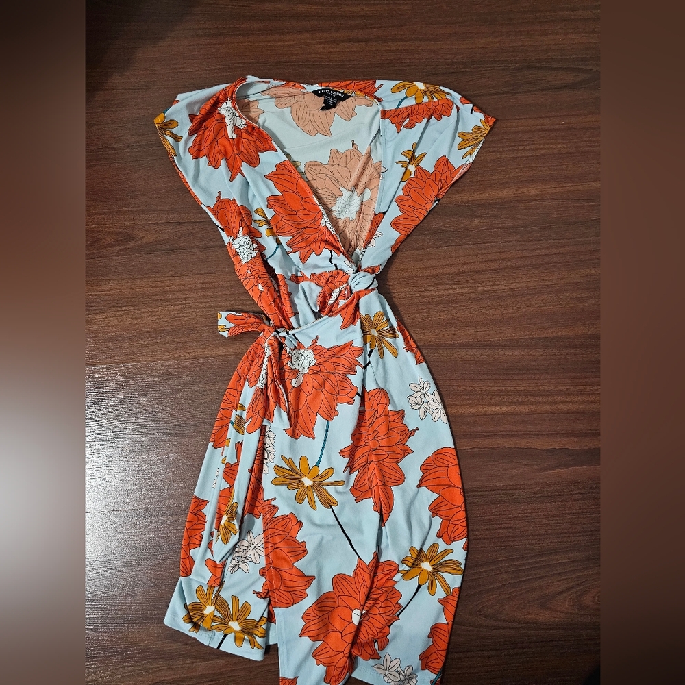 Maggy London Floral Wrap Dress in Orange & Light Blue - Women's